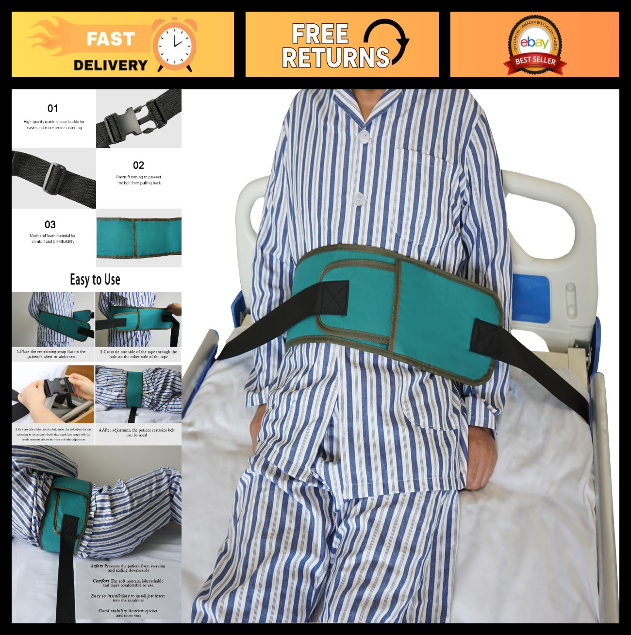 Adjustable Bed Restraint Strap for Elderly, Anti-Fall Safety Belt for Wheelchair