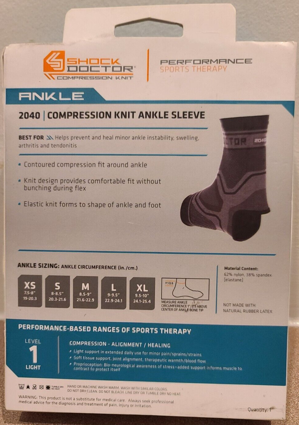 Shock Doctor 2040 Compression Knit Ankle Sleeve Support Level 1 Light- Medium