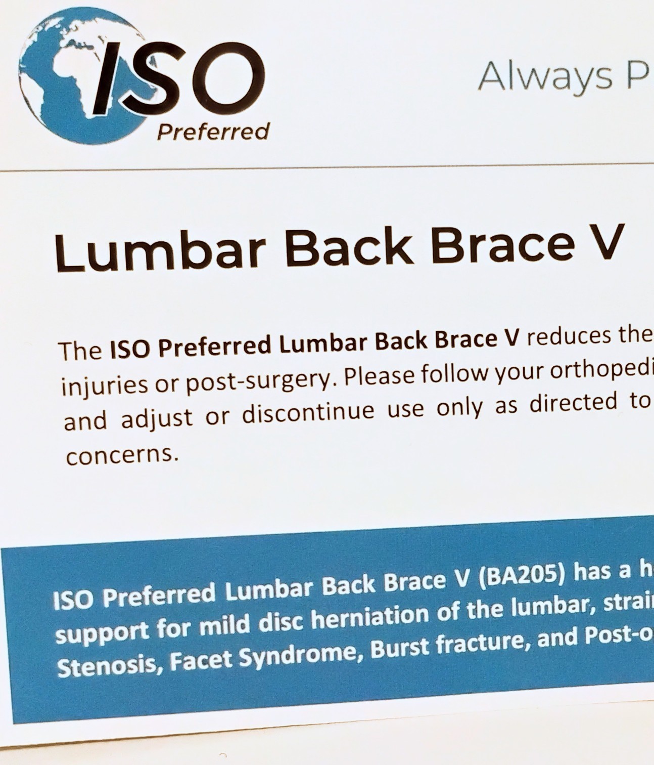 ISO Preferred Lumbar Back Brace V ISO-BA205 – NEW CONDITION