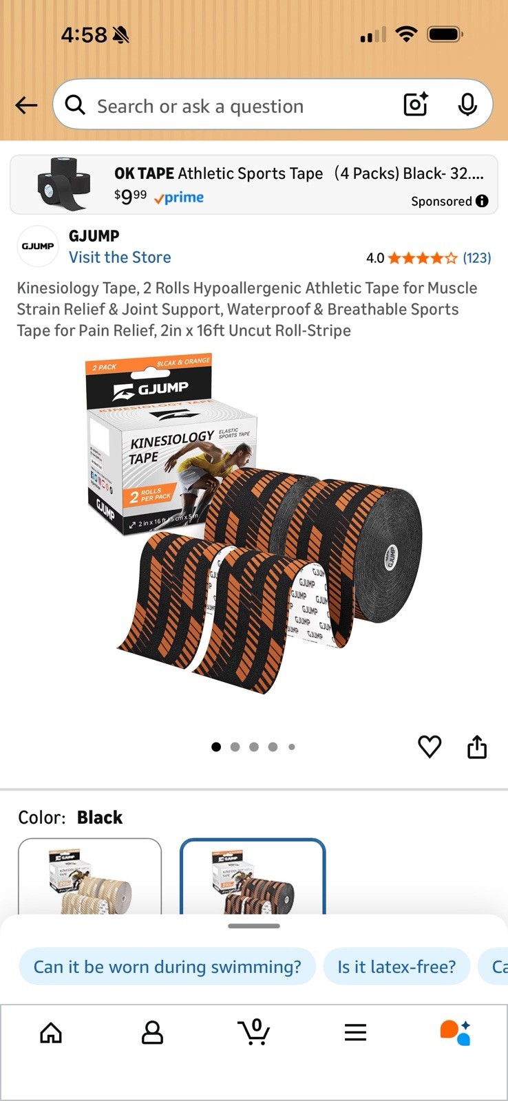 GJUMP Kinesiology Tape 2 Rolls Black & Orange Water Resistant 2in x 16ft 2 boxes