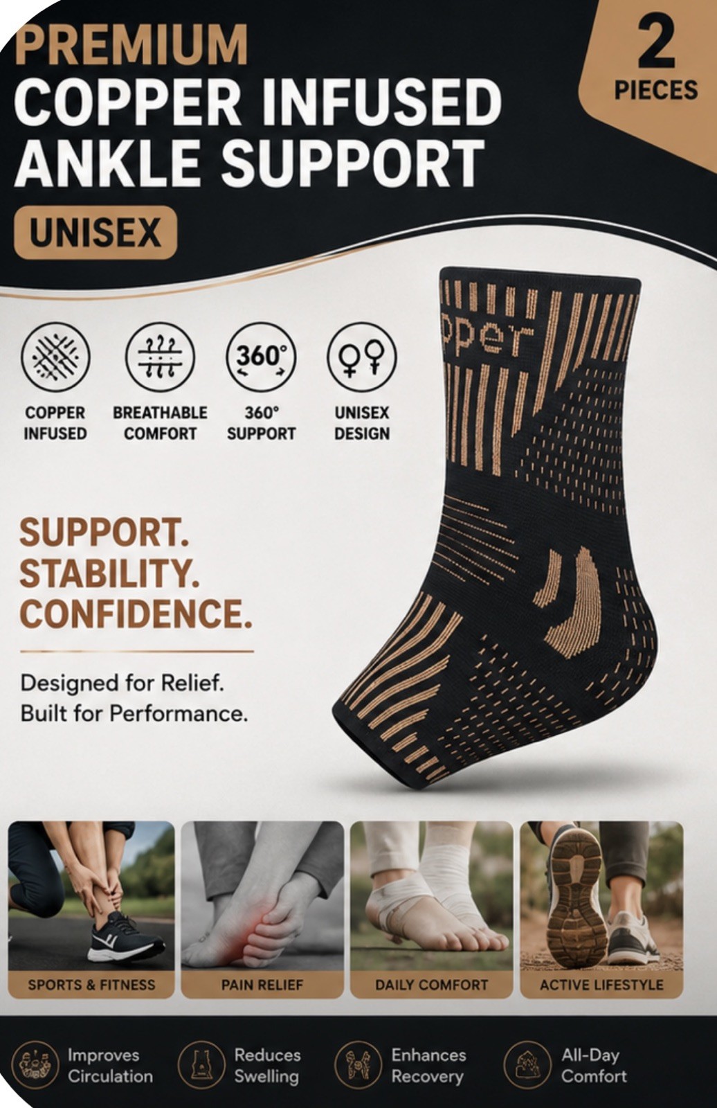 2pcs Premium Copper Infused Ankle Brace Socks for Sports, Fitness Running Unisex