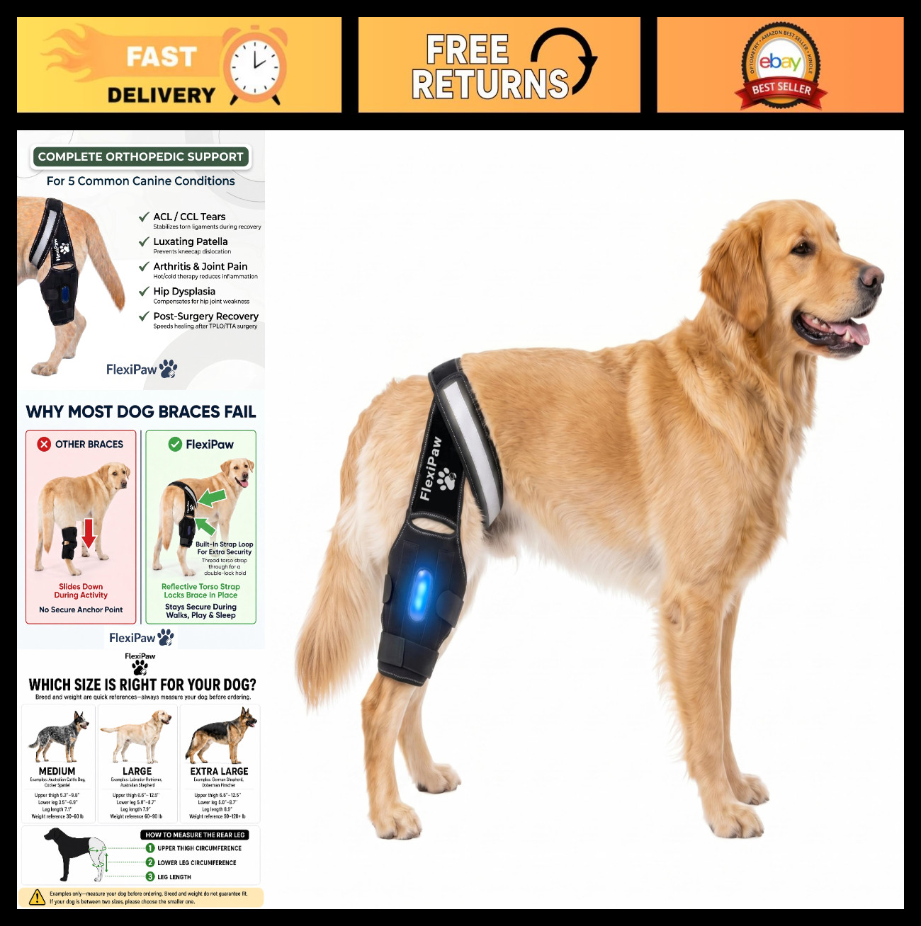 Dog Knee Brace for Torn ACL & CCL, Luxating Patella Support, Cold Therapy, Stabi
