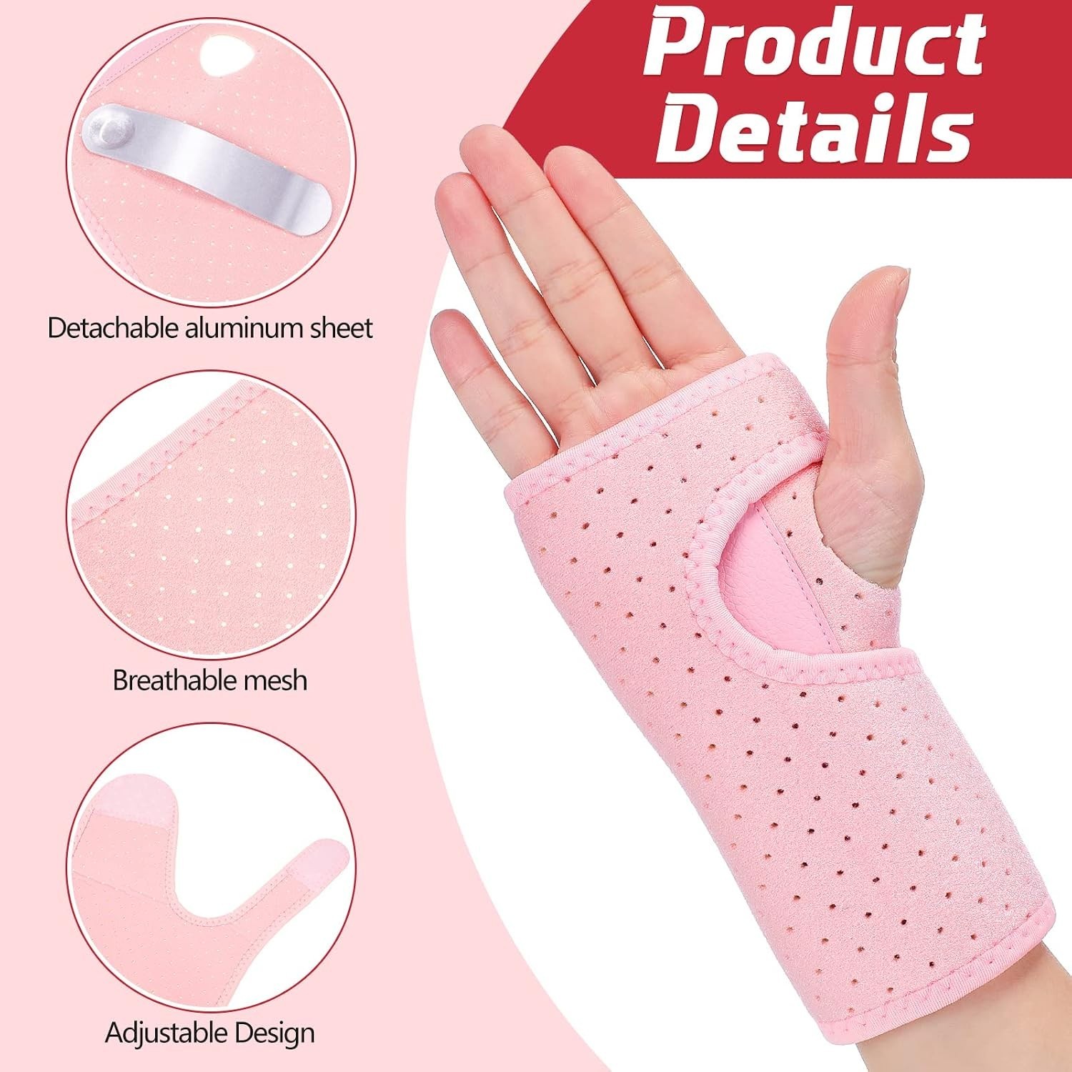 Stylish Pink Carpal Tunnel Wrist Support – Breathable Adjustable Splints, 2 Pack