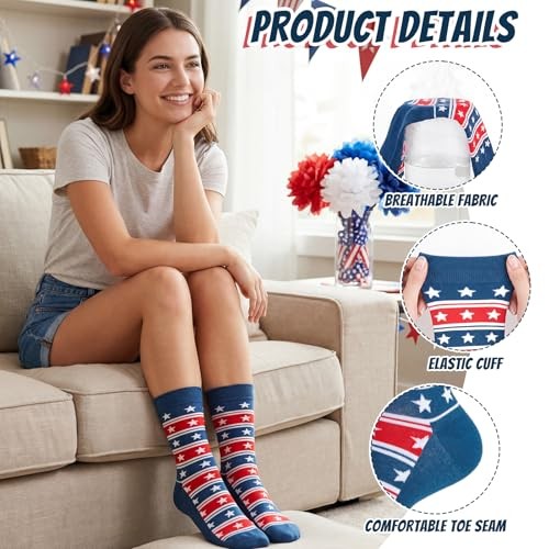 2 Pairs 4th of July Socks for Women Men Patriotic Red White and Blue Star