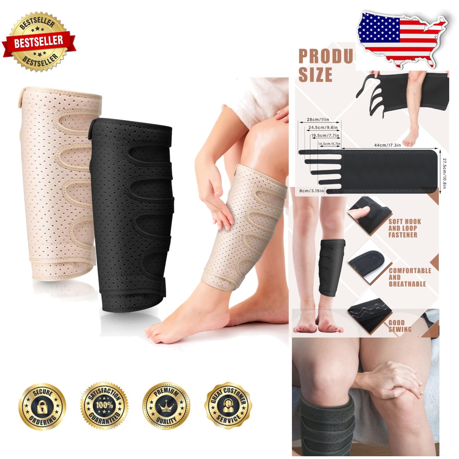 Comfortable Lymphedema Compression Wraps – 2XL, 5 Straps, Neoprene, Beige/Black