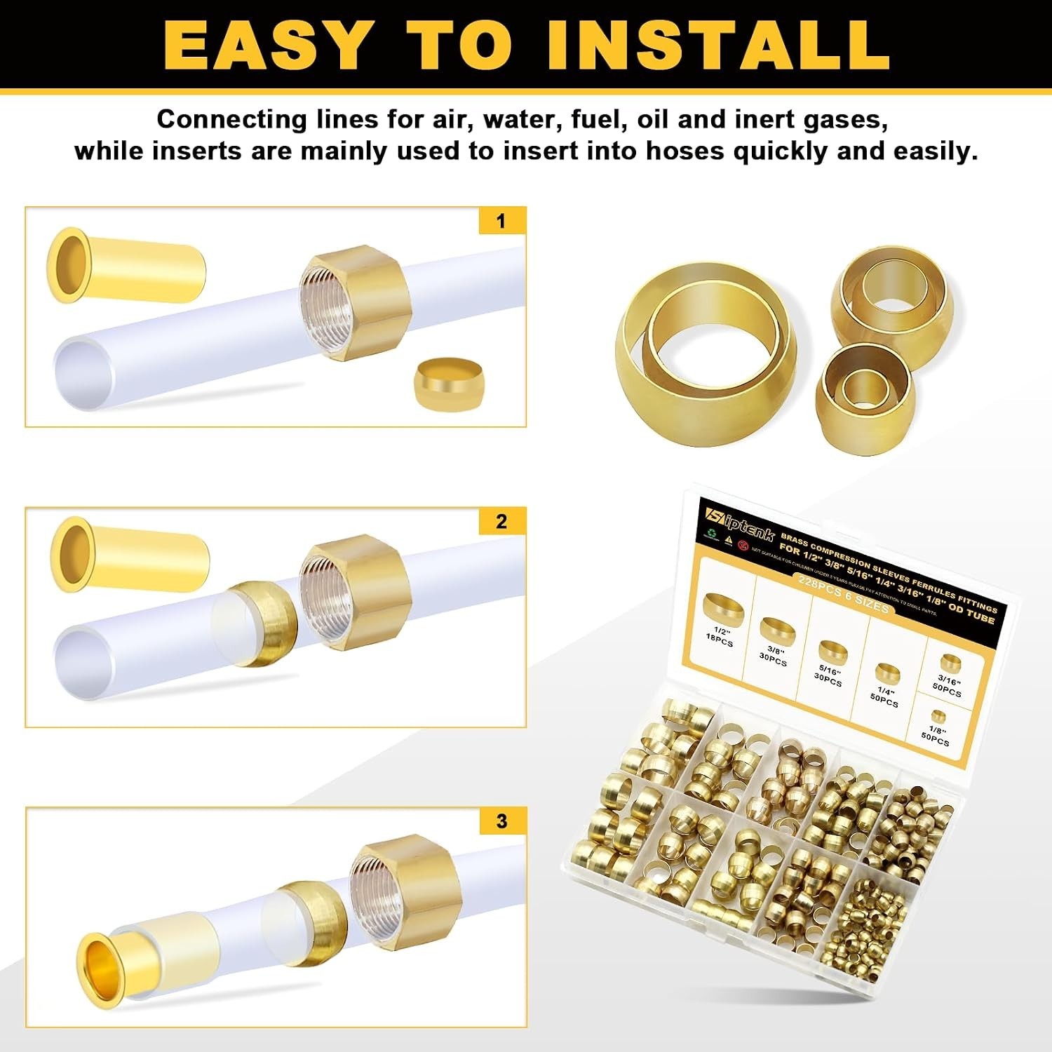 228-Piece Brass Compression Ferrule Kit for Hydraulic and Pneumatic Lines