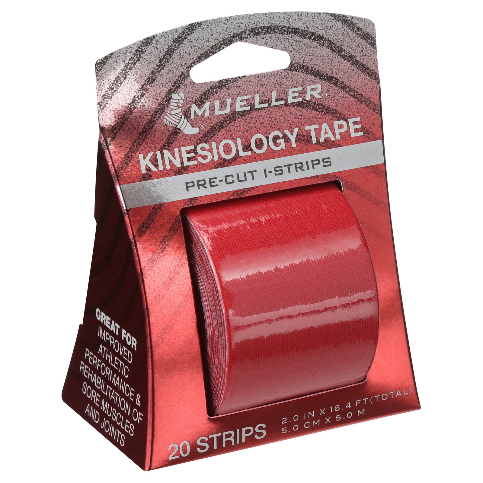 Mueller Kinesiology Tape, Precut I-Strip Roll, 20 strips, Red