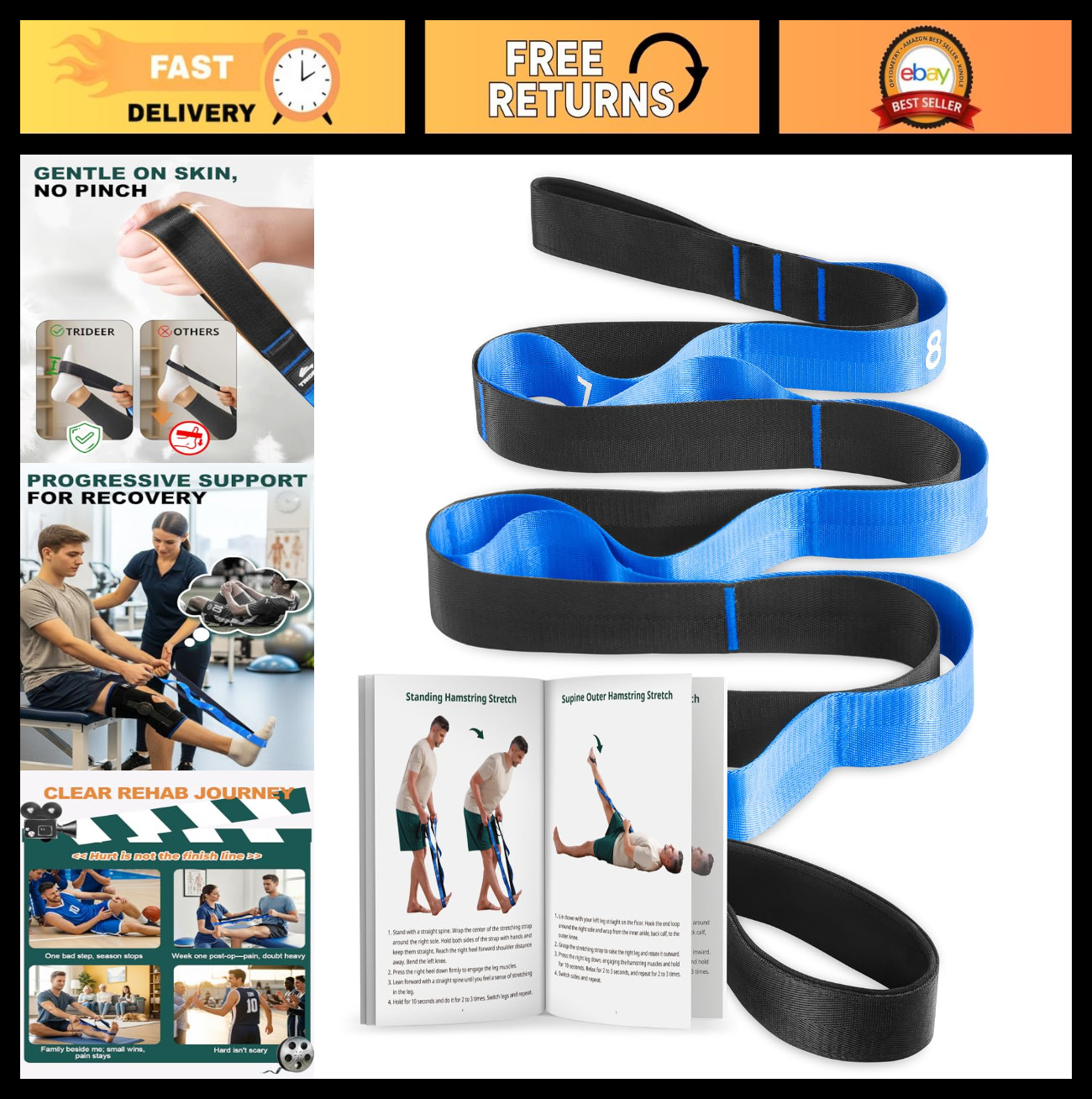 Non-Elastic Stretching Strap with Loops for Rehab, Yoga, Mobility Aid, Leg Lifte