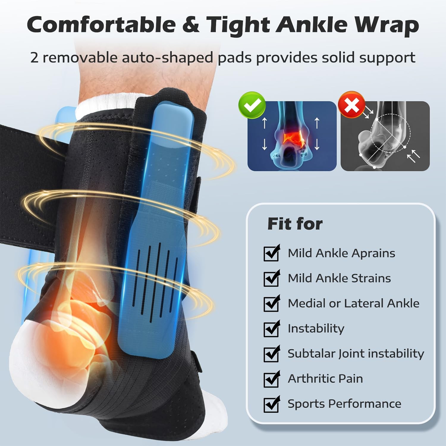 Ankle Brace for Sprained Ankle, 2 Removable Splints, Figure 8 Strap