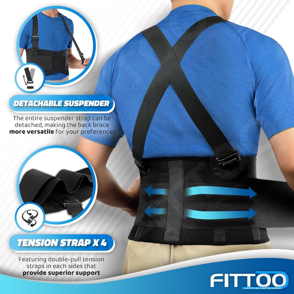 FITTOO Back Brace with Removable Suspenders & Lumbar Large (Pack of 1), Coal