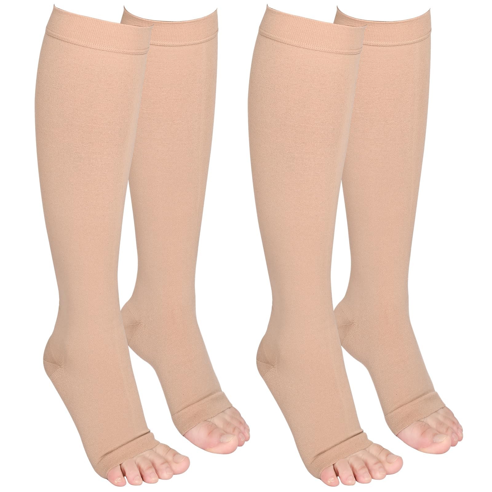Wegitcs 2 Pairs 20-30mmHg Knee High Compression Socks for Women, Large, Beige