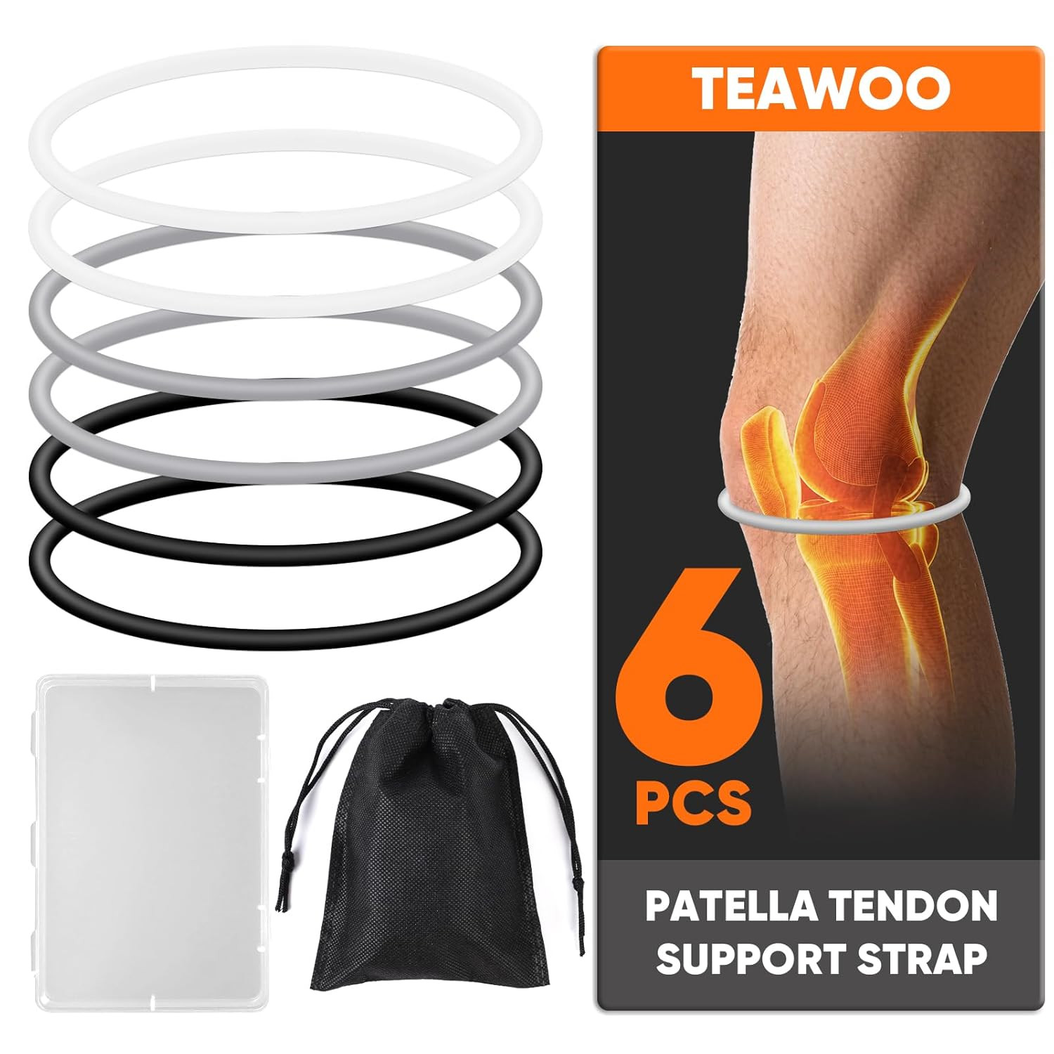 6PCS Patellar Tendon Support Strap (Black/White/Gray, 2 Each), Knee Pain Relief