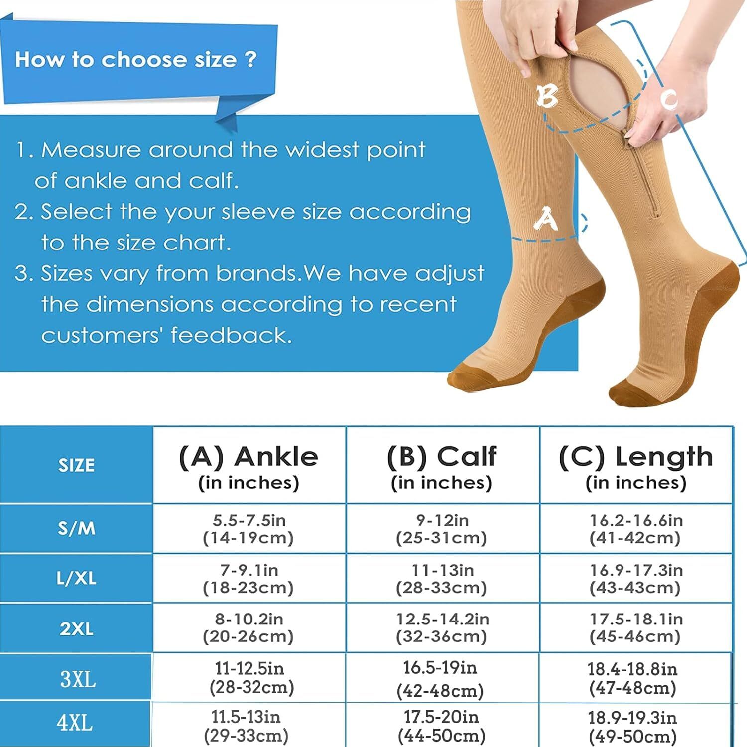 2 Pairs Zipper Compression Stockings 15-20mmHg for Walking Running, Small-Medium