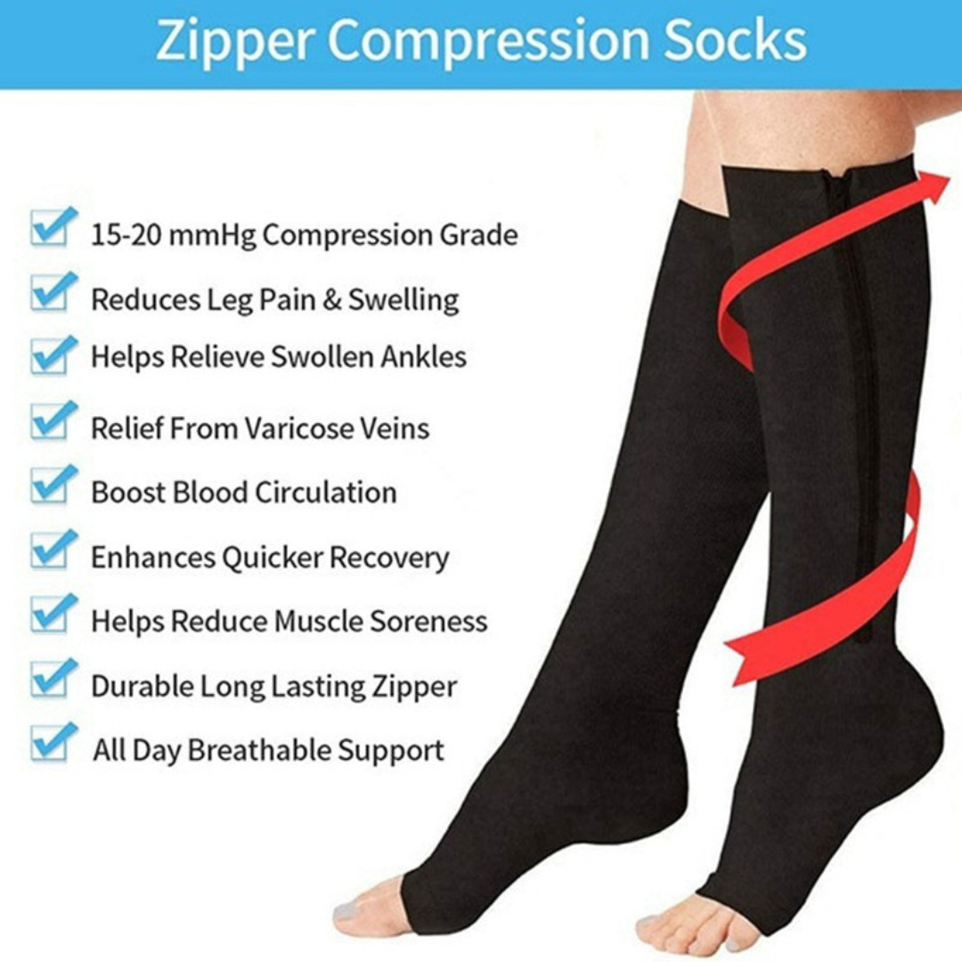 Zipper Open Toe Compression Socks 20-30mmHg Calf Leg Ankle Support Stocking