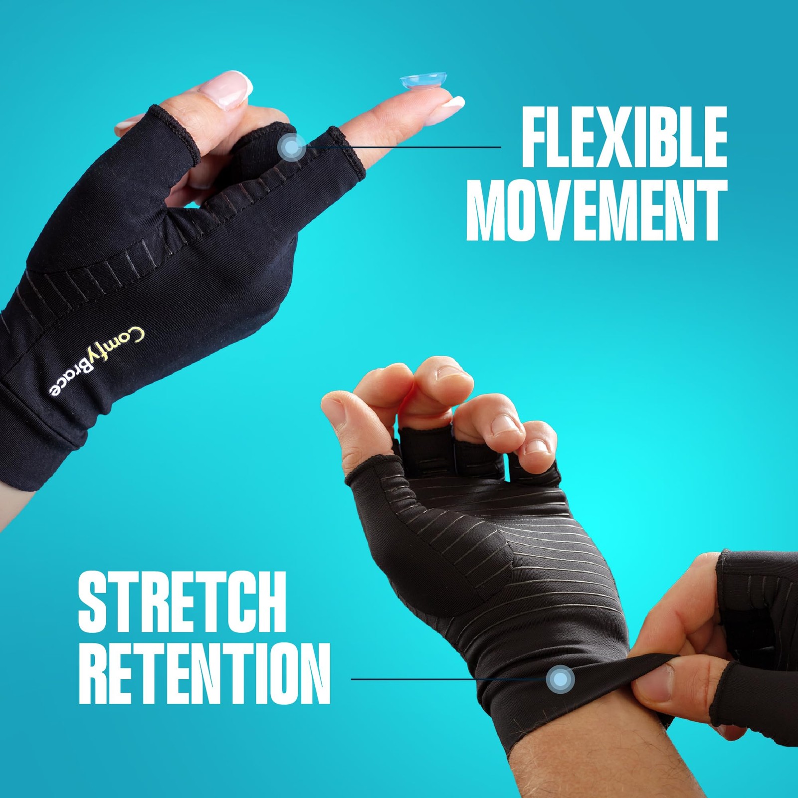 ComfyBrace Copper Arthritis Gloves, Hand Compression Medium (1 Pair), Black