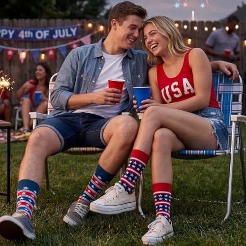 2 Pairs 4th of July Socks for Women Men Patriotic Red White and Blue Star