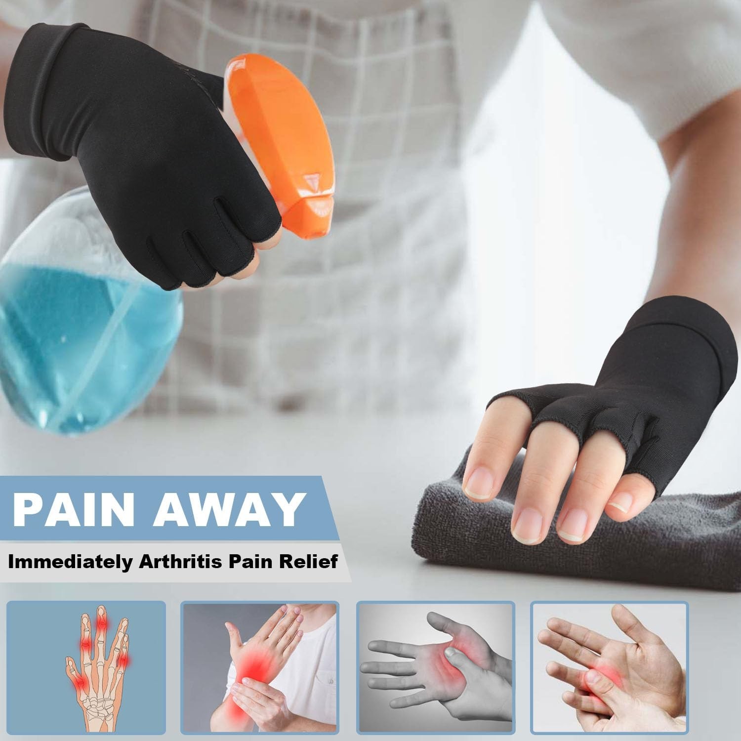 2 Pairs Compression Gloves for Arthritis Pain Relief, Fingerless Anti-Slip Hand