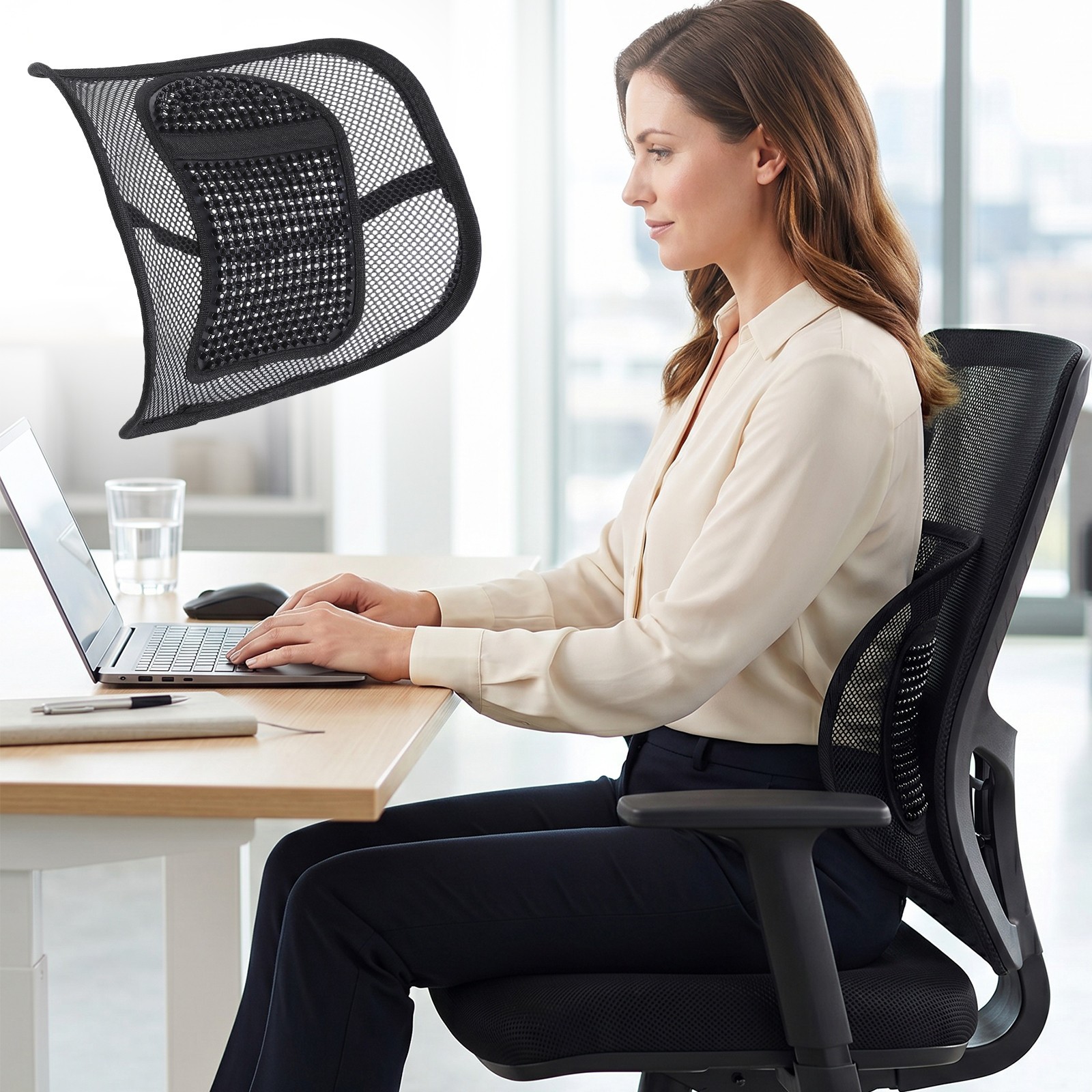 Car Seat Back Support Breathable Mesh Back Lumbar Support Cushion w/Massage Bead
