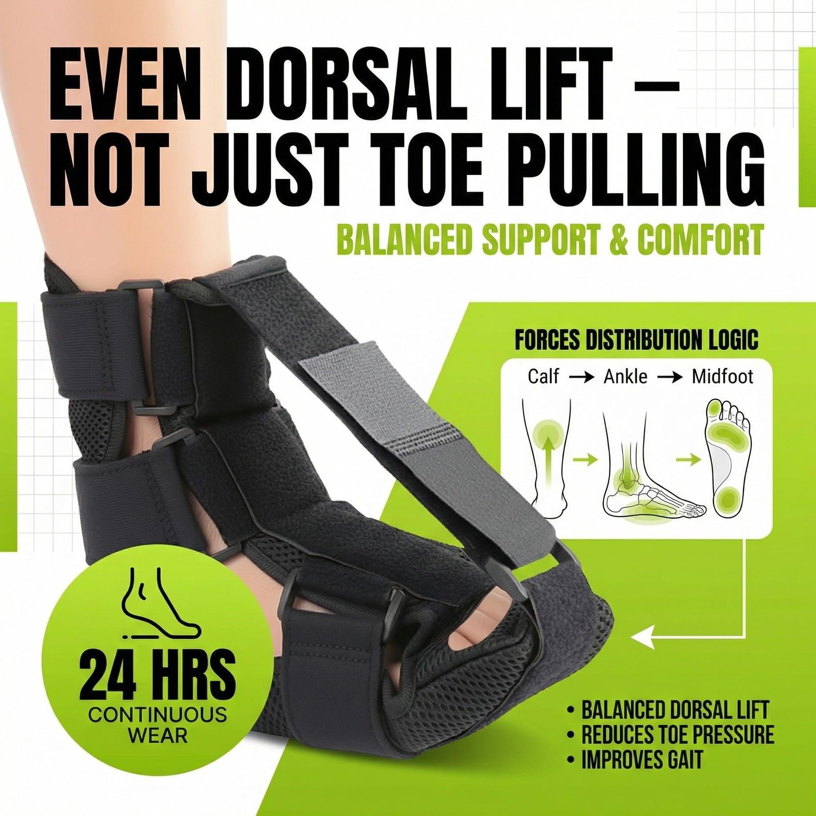 Plantar Fasciitis Night Foot Brace for Heel Pain Relief, Soft Medium, Black
