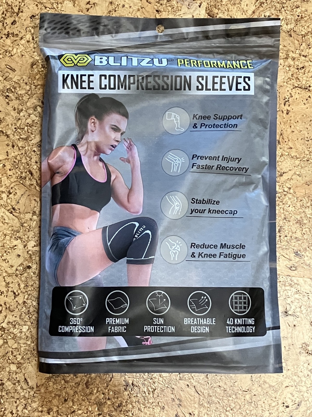 BLITZU Knee Compression Sleeves Set of 2 LARGE, BLACK Unused in Open Package