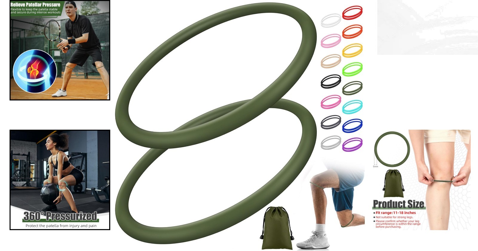 Comfortable Silicone Knee Support Bands, Perfect for Sports – Size M, Army Green