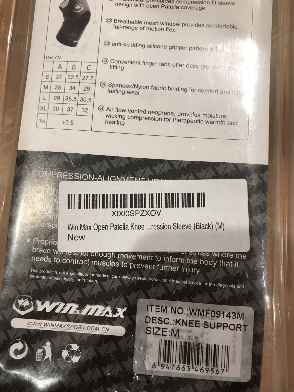 WinMax Knee Compression Sleeve Support Brace Neoprene W/Open Patella Coverage M
