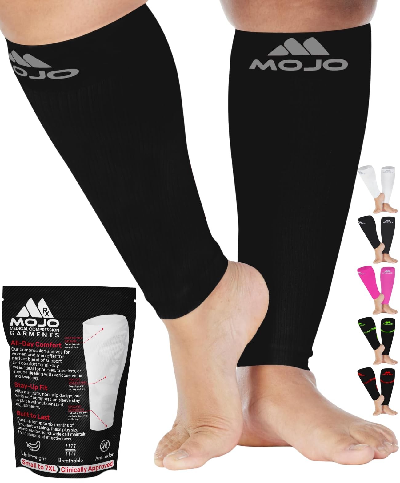 Footless Compression Calf Sleeves 20–30mmHg Extra Wide Plus Size Black Large