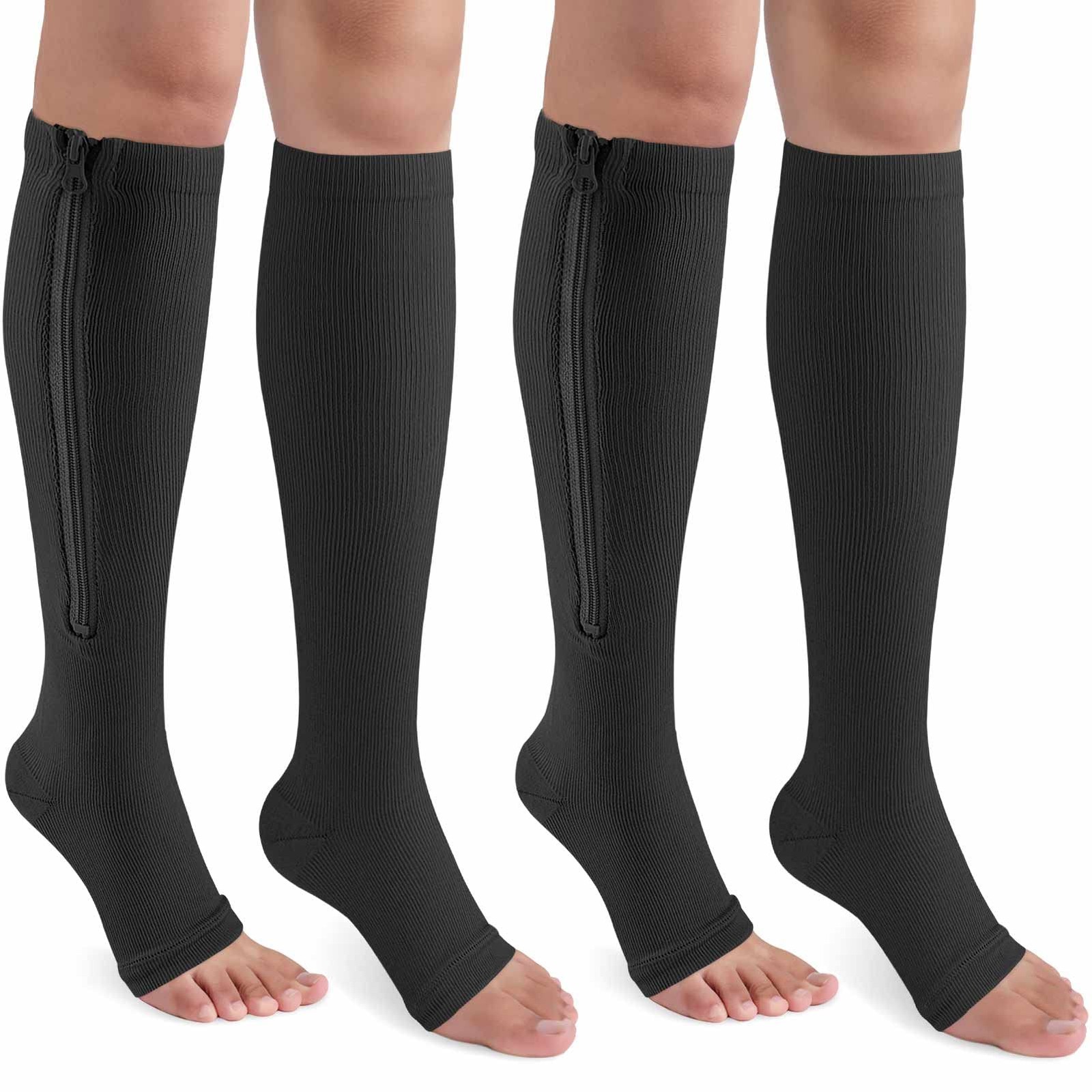 2 Pairs Compression Socks 15-20 mmHg Knee High Open Toe Support Socks