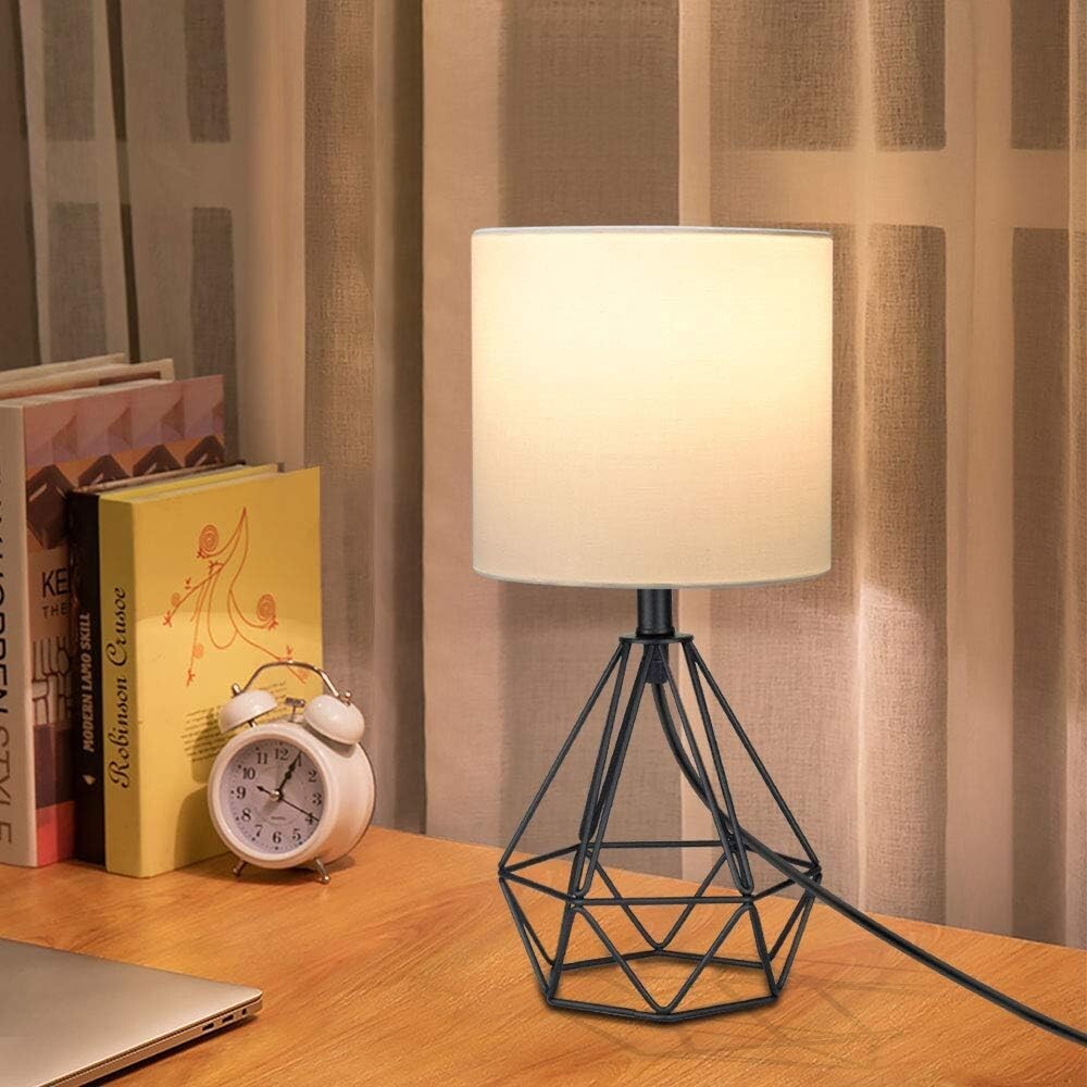Depuley Modern Table Lamp for Bedroom,Geometric Bedside Lamp with Black Hollowed