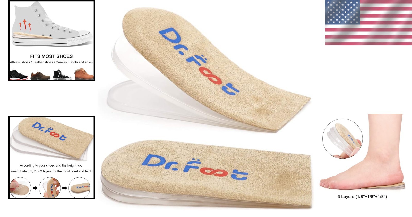 Dr.Foot Adjustable Height Increase Heel Lift Inserts for Pain Relief – 3 Layers