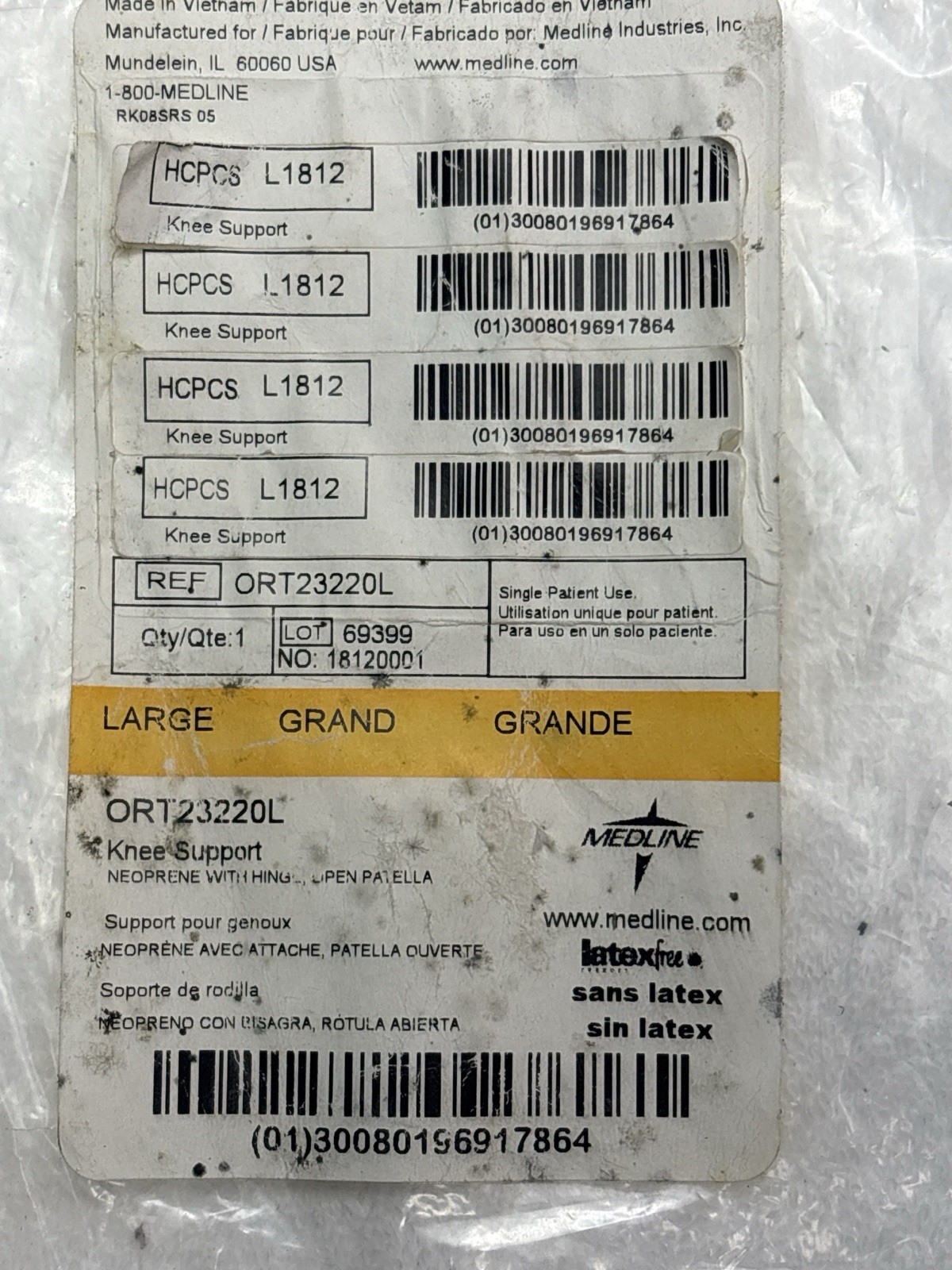 Medline Hinged Knee Brace L1812 Large Open Patella Neoprene New