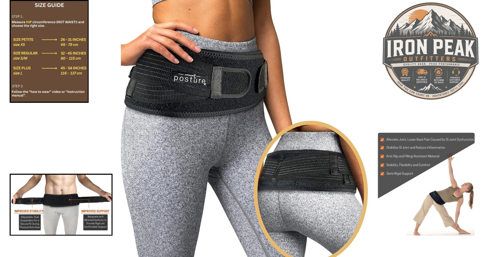 Sacroiliac Hip Belt Regular Size 32″-45″ Black Silicone Pain Relief Support