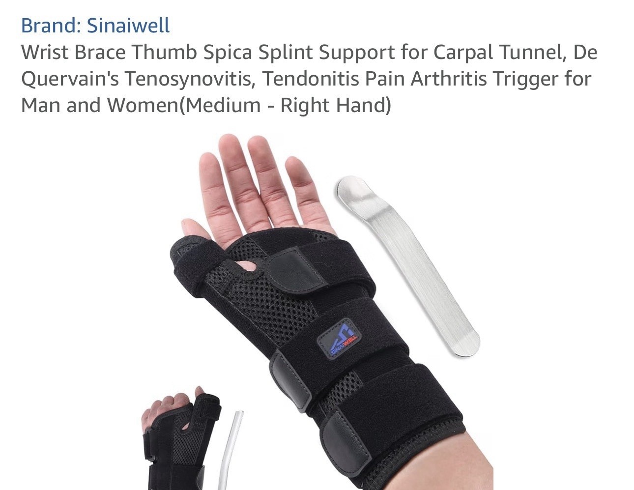 Sinaiwell Thumb Spica Wrist & Thumb Brace Medium Right Hand Adjustable Black
