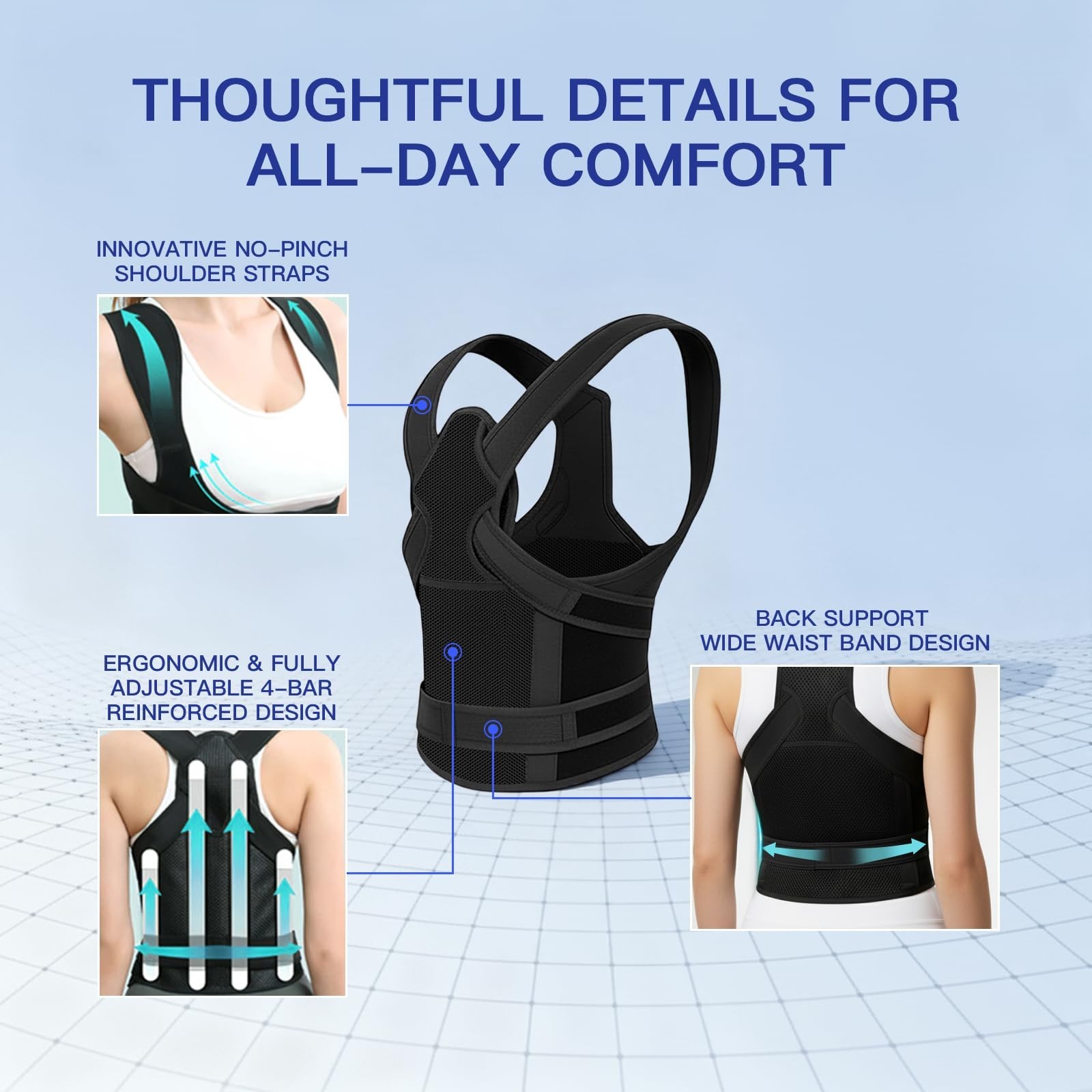 Adjustable Posture Corrector Back Brace for Neck, Shoulder & Back Pain Relief, B
