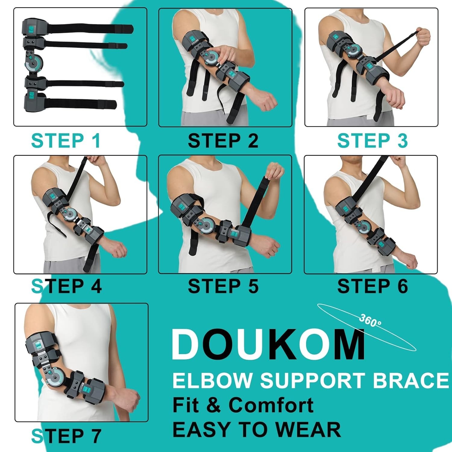 DOUKOM Hinged Post Op Elbow Brace, Adjustable Range of Motion Support -RIGHT
