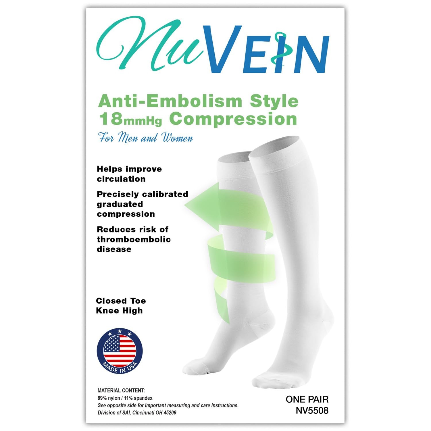 NuVein Surgical Stockings, 18 mmHg Recovery Support for Large (1 Pair), White
