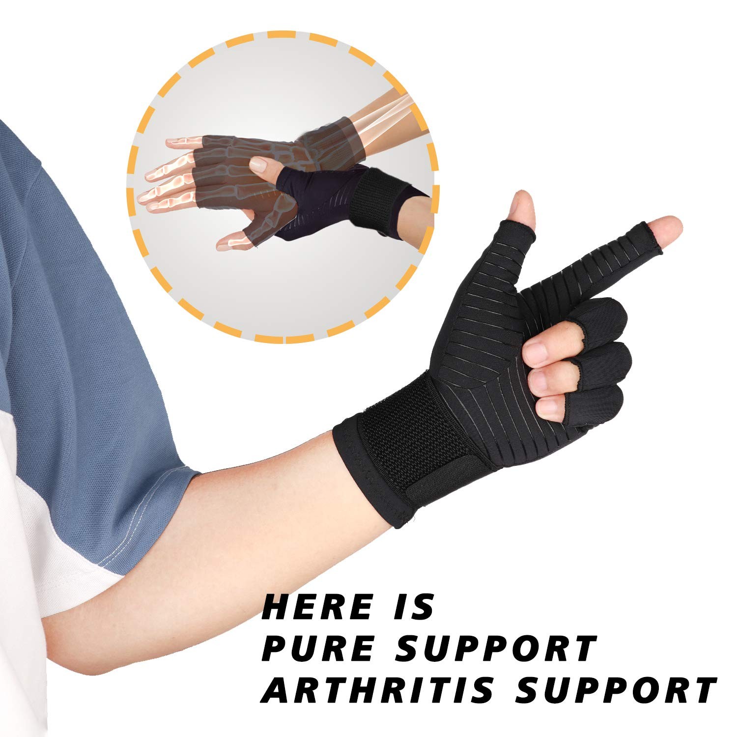 THX4COPPER Compression Arthritis Gloves with Strap, Large-X-Large, Black