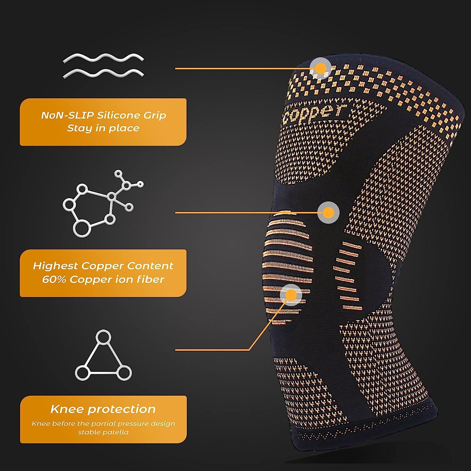 Copper Knee Brace Compression Sleeve Support Arthritis Sport Running Pain Relief