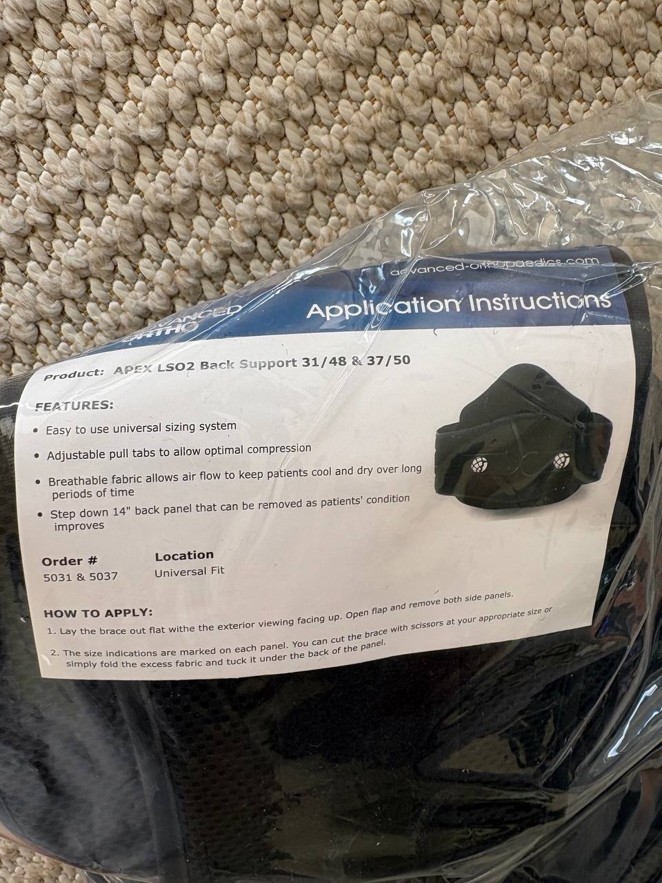 Advanced Ortho APEX LSO2 Back Brace Support Universal Fit Black Adjustable