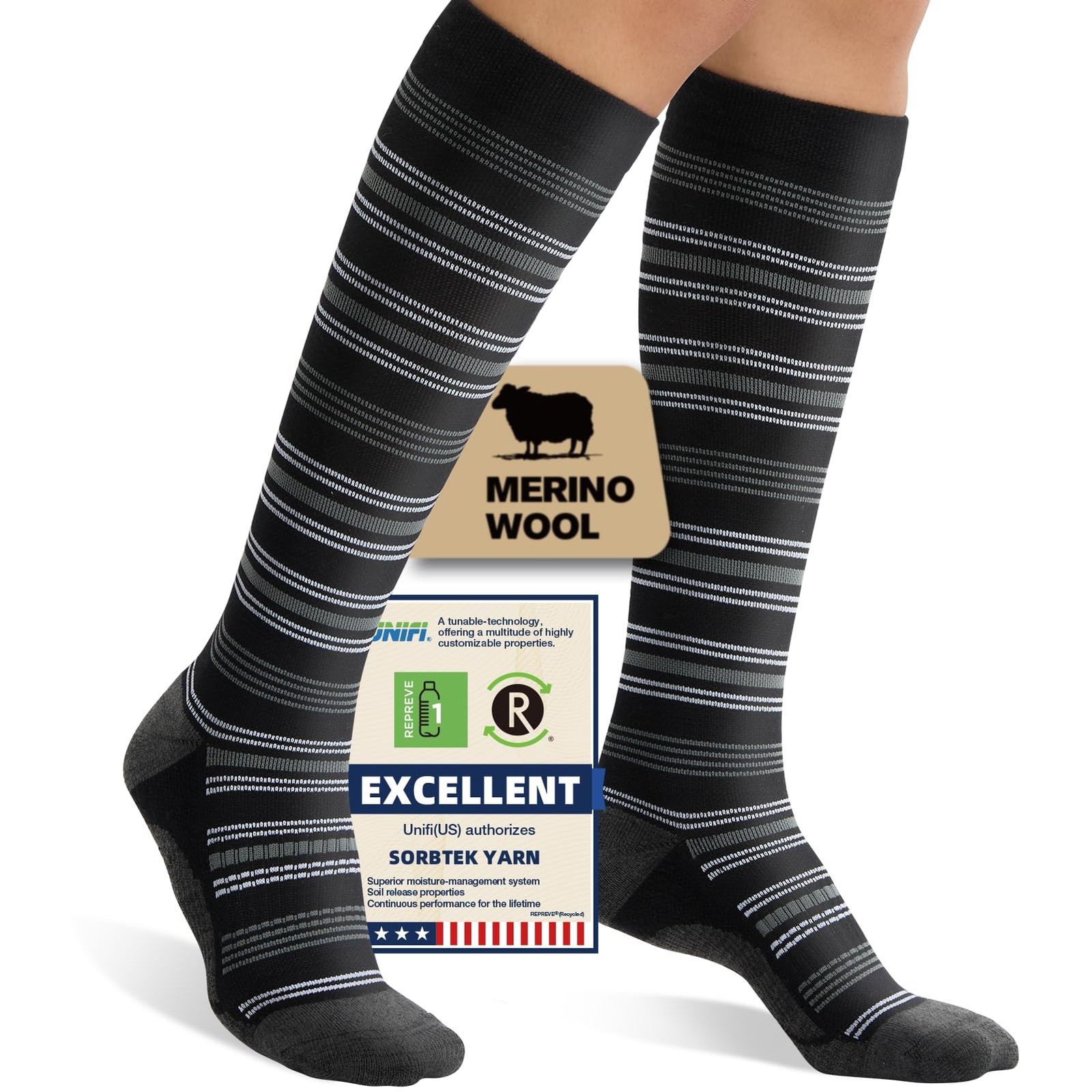 Merino Wool Compression Socks 15~20 mmHg for Women & Men, L/XL Black/White/Gray