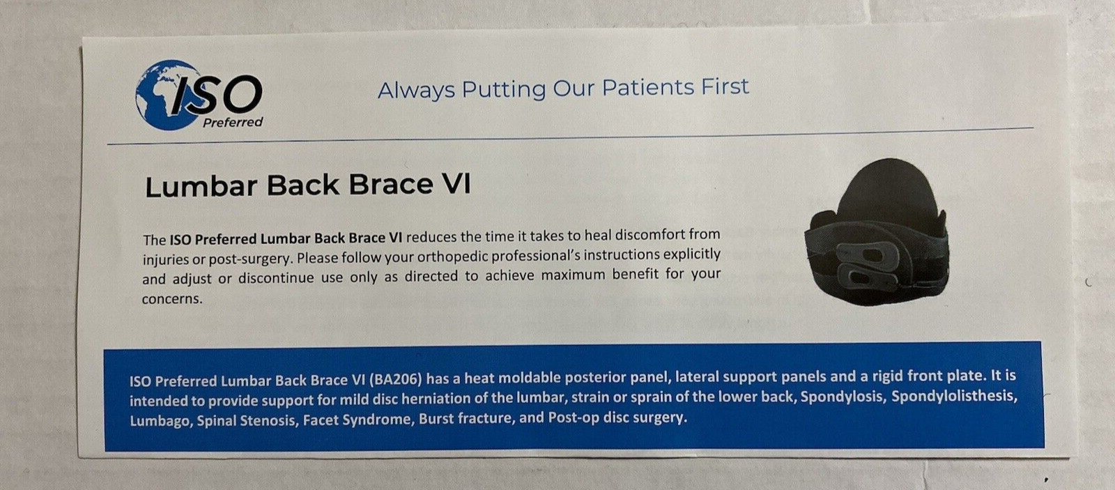 NEW ISO Preferred Lumbar Back Brace VI ISO-BA206
