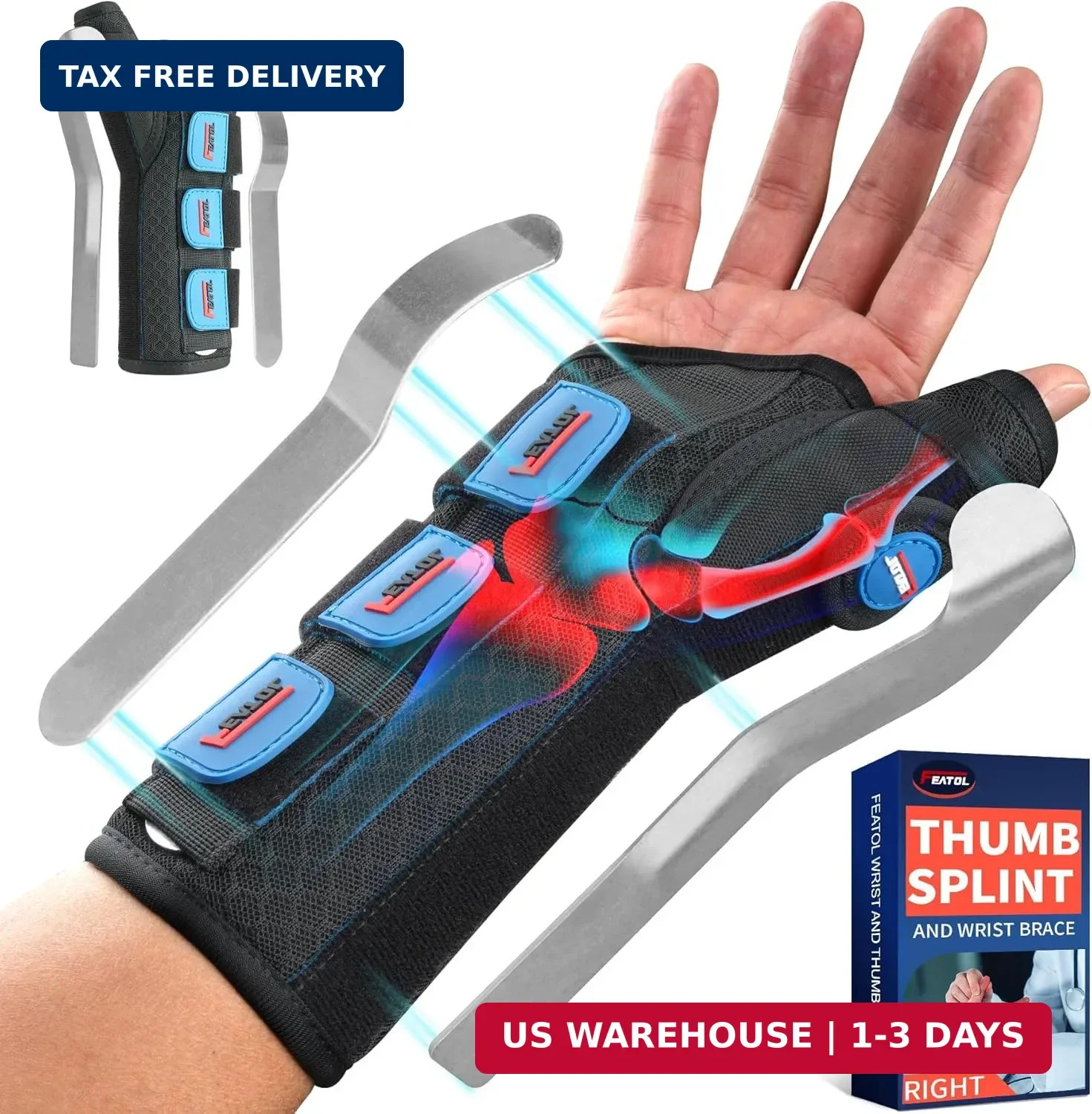 FEATOL Carpal Tunnel Wrist Brace Night Support, Thumb Spica Splint Right Hand fo