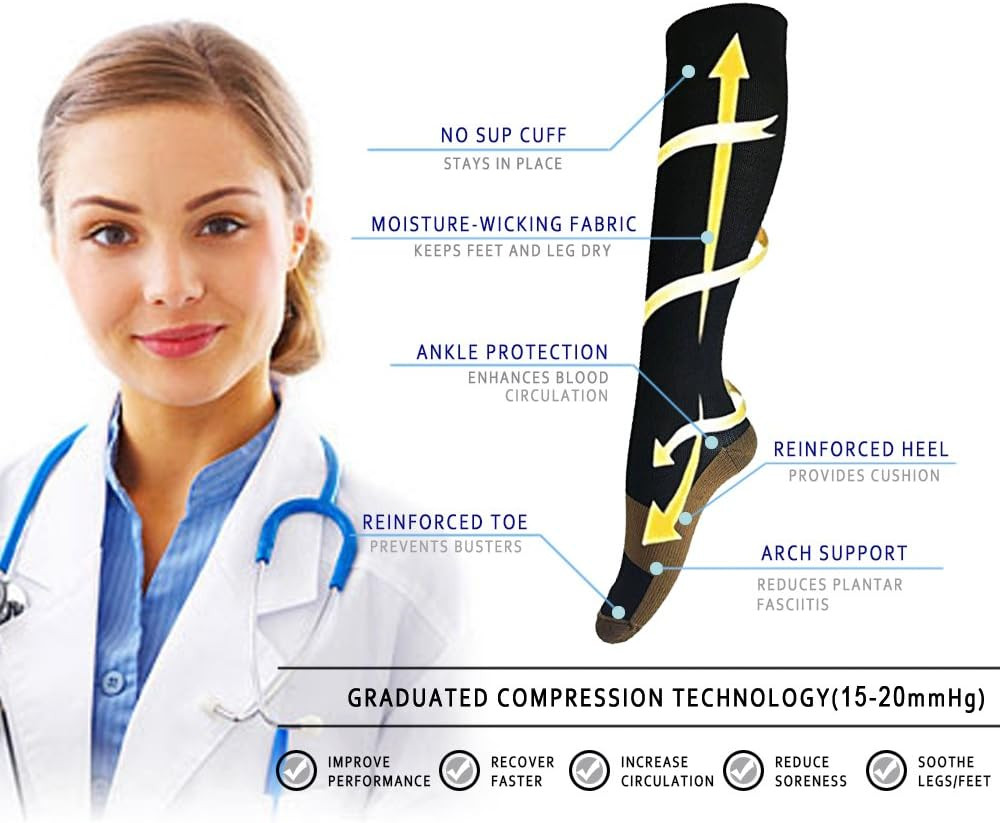 10 Pairs Copper Compression Socks 20-30mmHg Graduated Support Mens Womens S-XXL