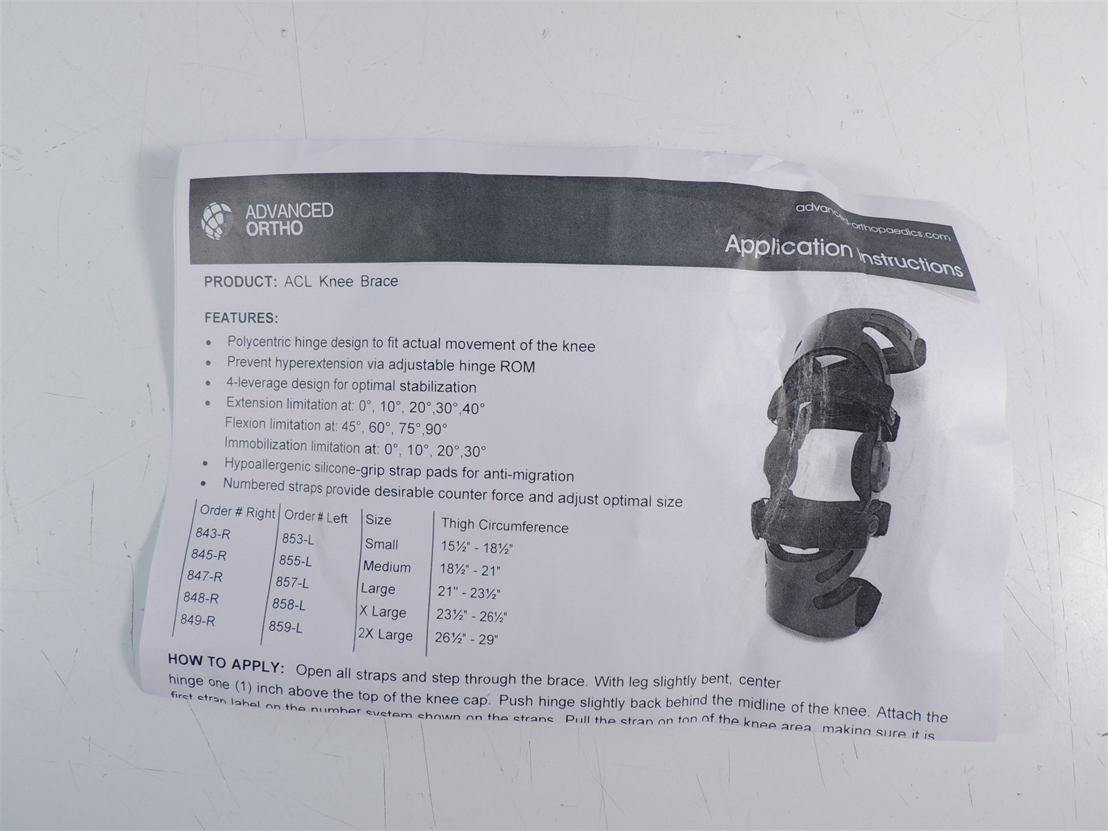 Advanced Ortho Hinged ROM Sports Knee Brace for ACL Large Left 847-L New