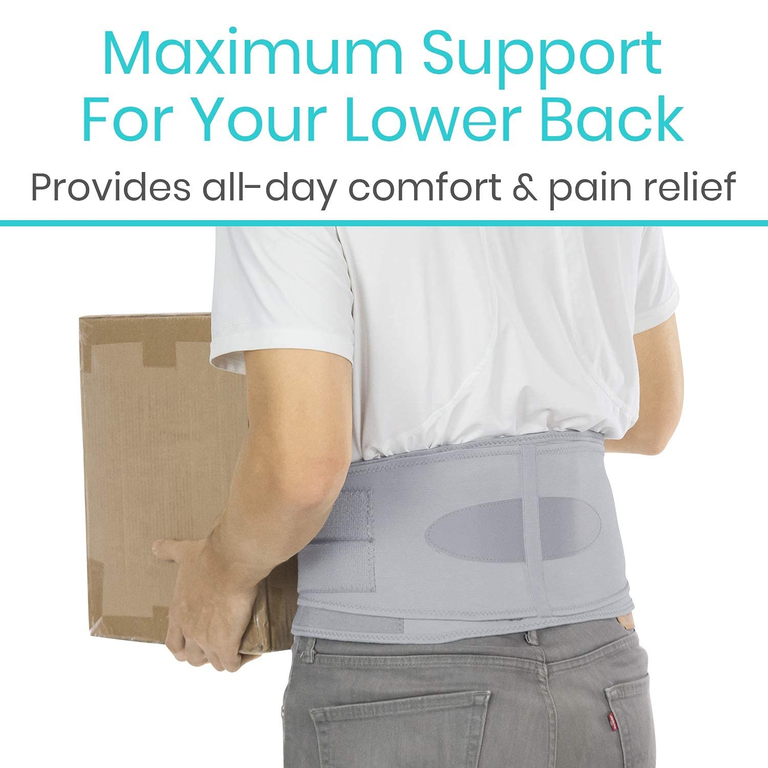 Vive Lower Back Support Brace for Men & Women – Waist Size (44″ to 64″), Gray
