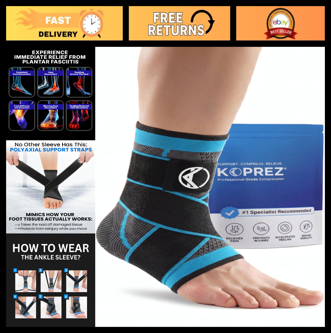Ankle Compression Sleeve & Brace for Plantar Fasciitis Relief | Adjustable Suppo