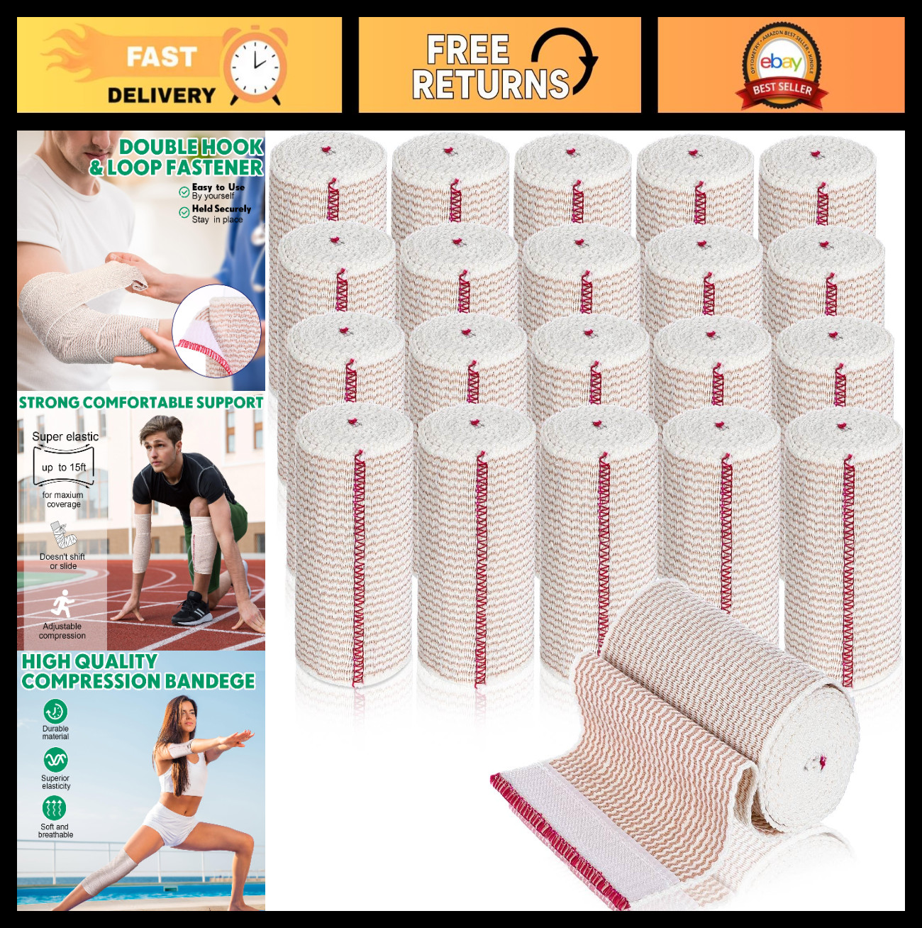 20 Pack 3″ Elastic Bandage Wraps – Self-Closure Compression for Legs, Knees, Ank