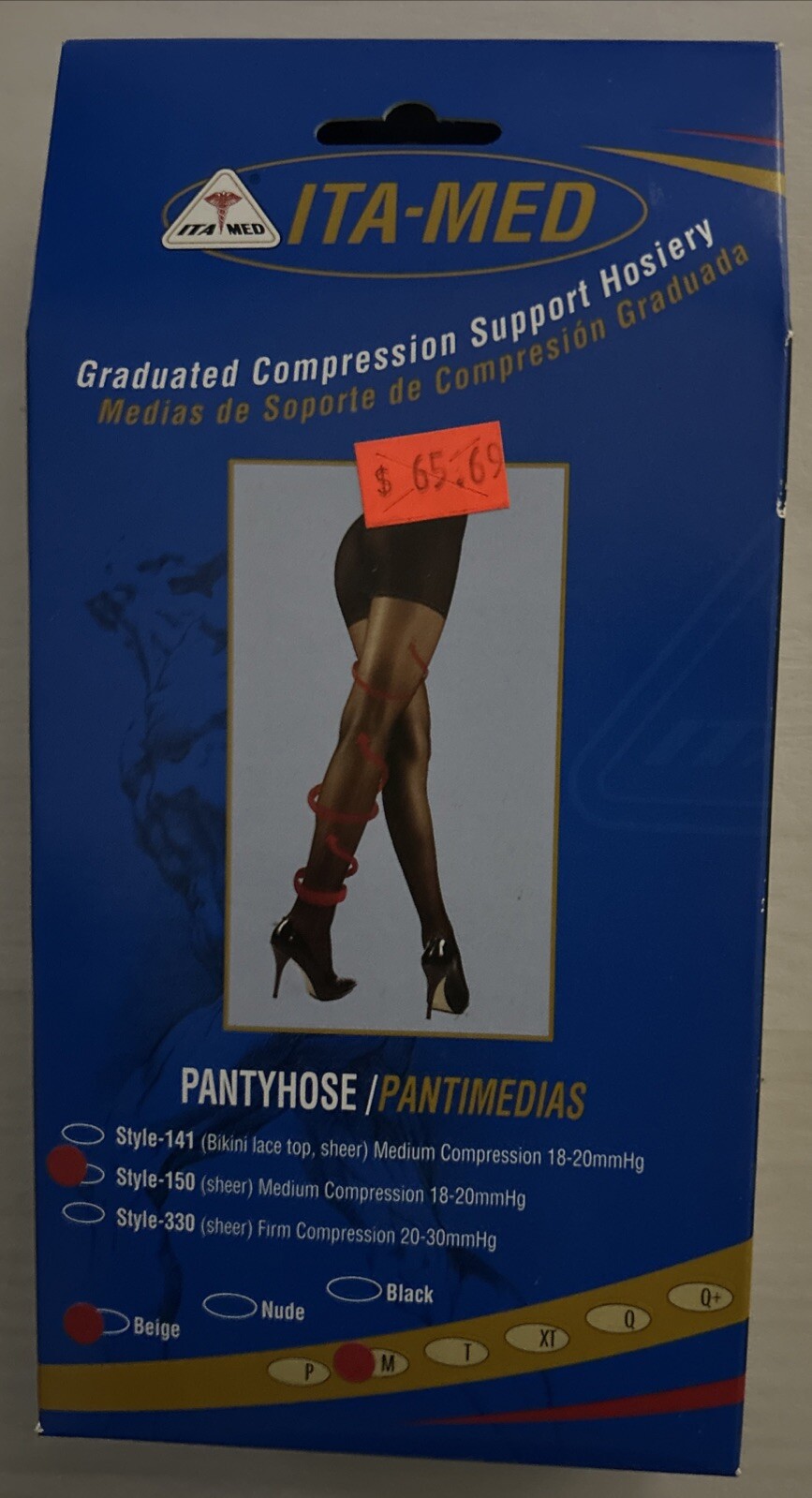 ITA-Med Compression Support Pantyhose Style 150 Sheer Beige, BLACK 18-20mmHg M.