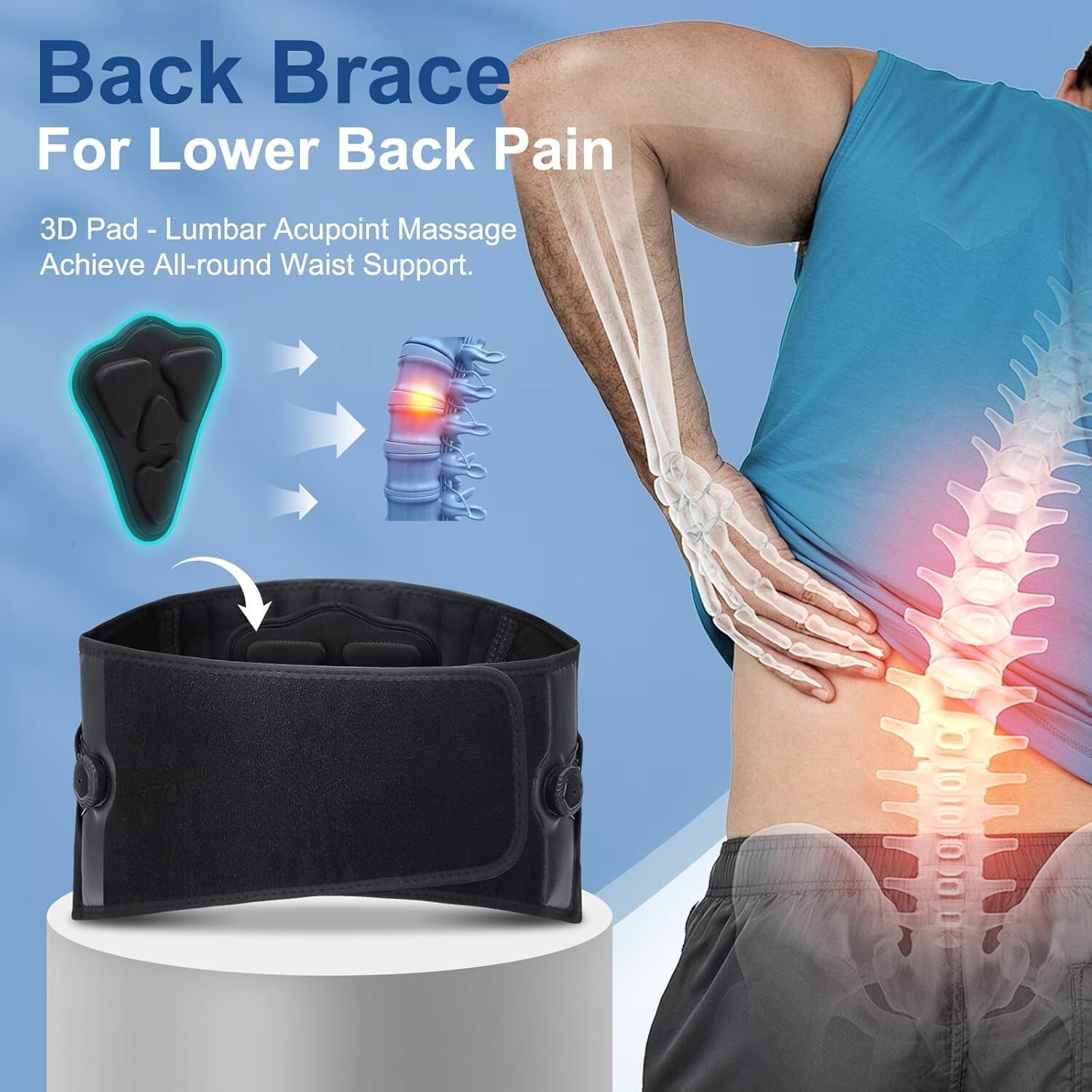 Back Brace for Lower Back Pain, Knob Adjustable Back Support with 3D Lumbar Pad