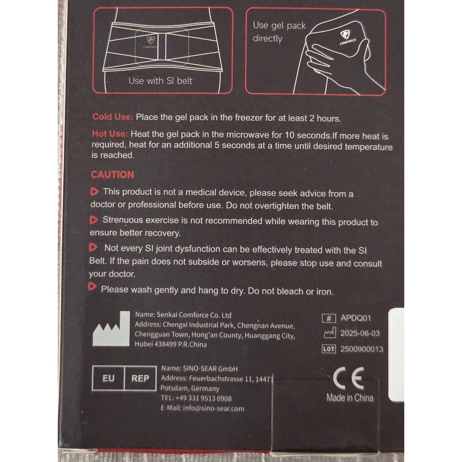 COMFORCE Sacroiliac Joint Belt SI Hip Support Belt with Hot Cold Gel Pack Black